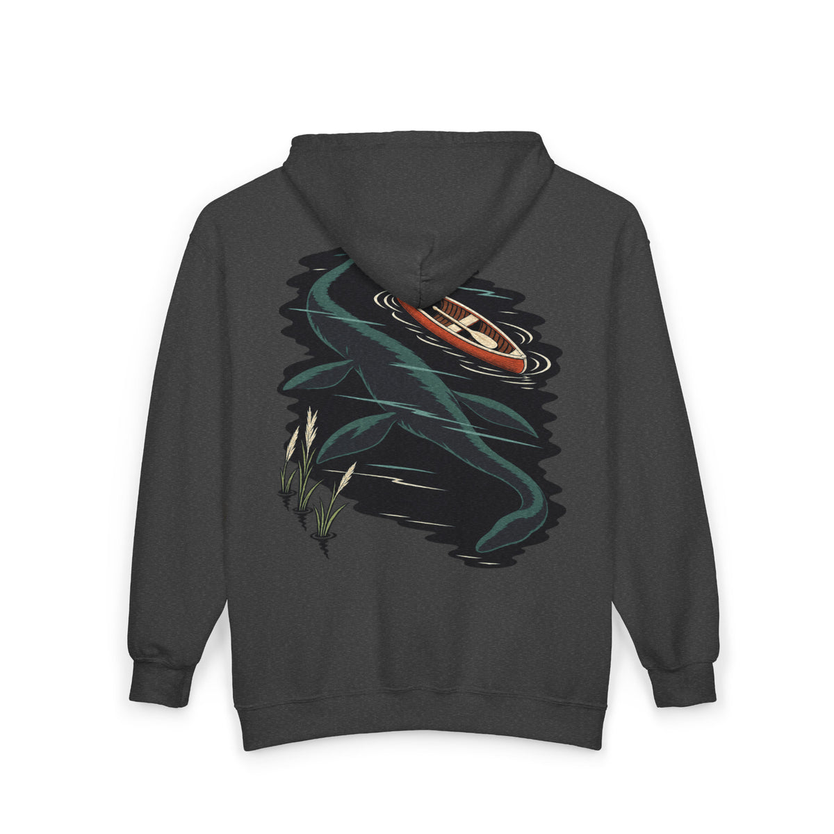 Seen Briefly Zip Hoodie in Dark Heather, back view with the large illustrated print. Digital product mockup.
