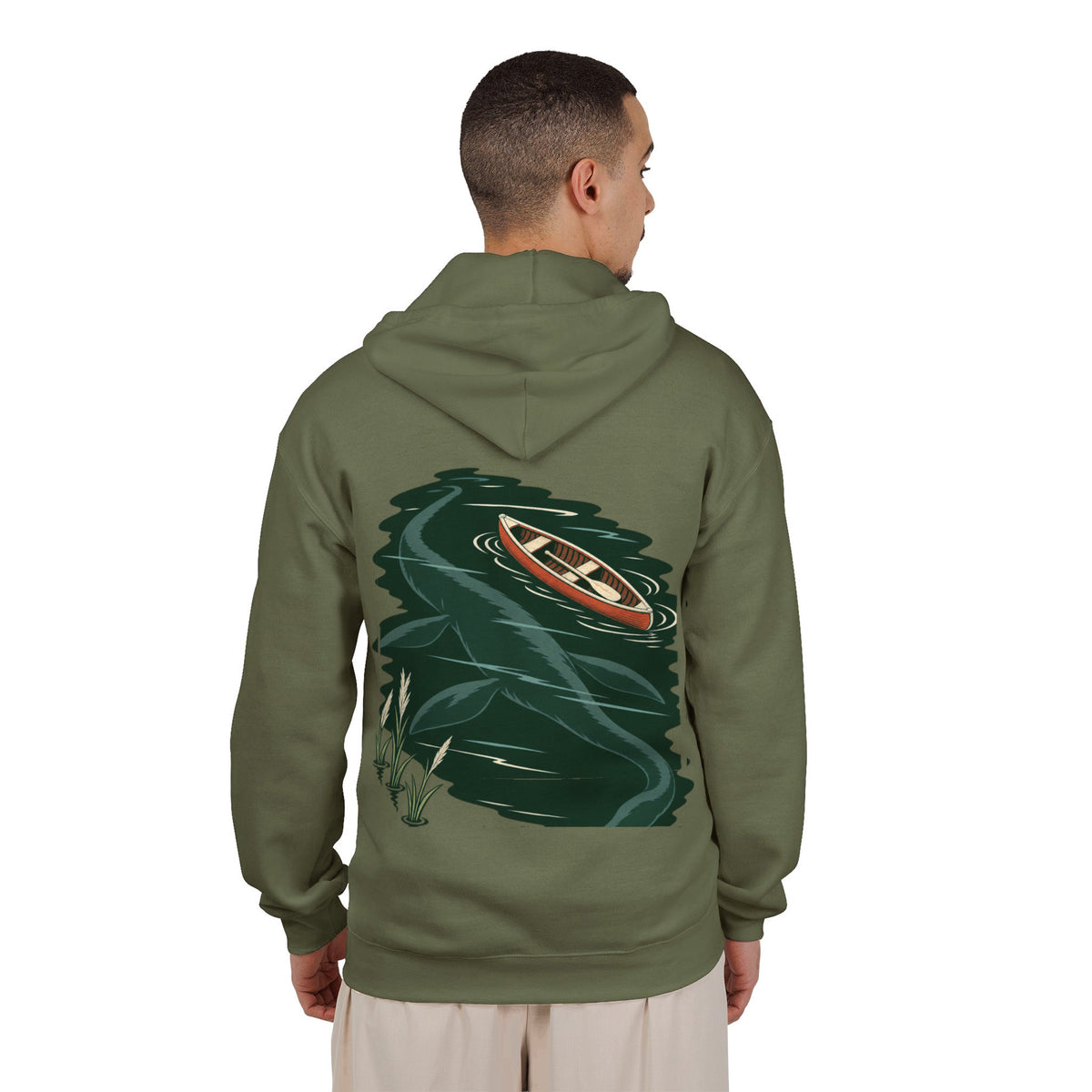 Seen Briefly Zip Hoodie in Military Green, worn by a man seen from behind in a plain white studio, showing the large print on the back. Digital product mockup.
