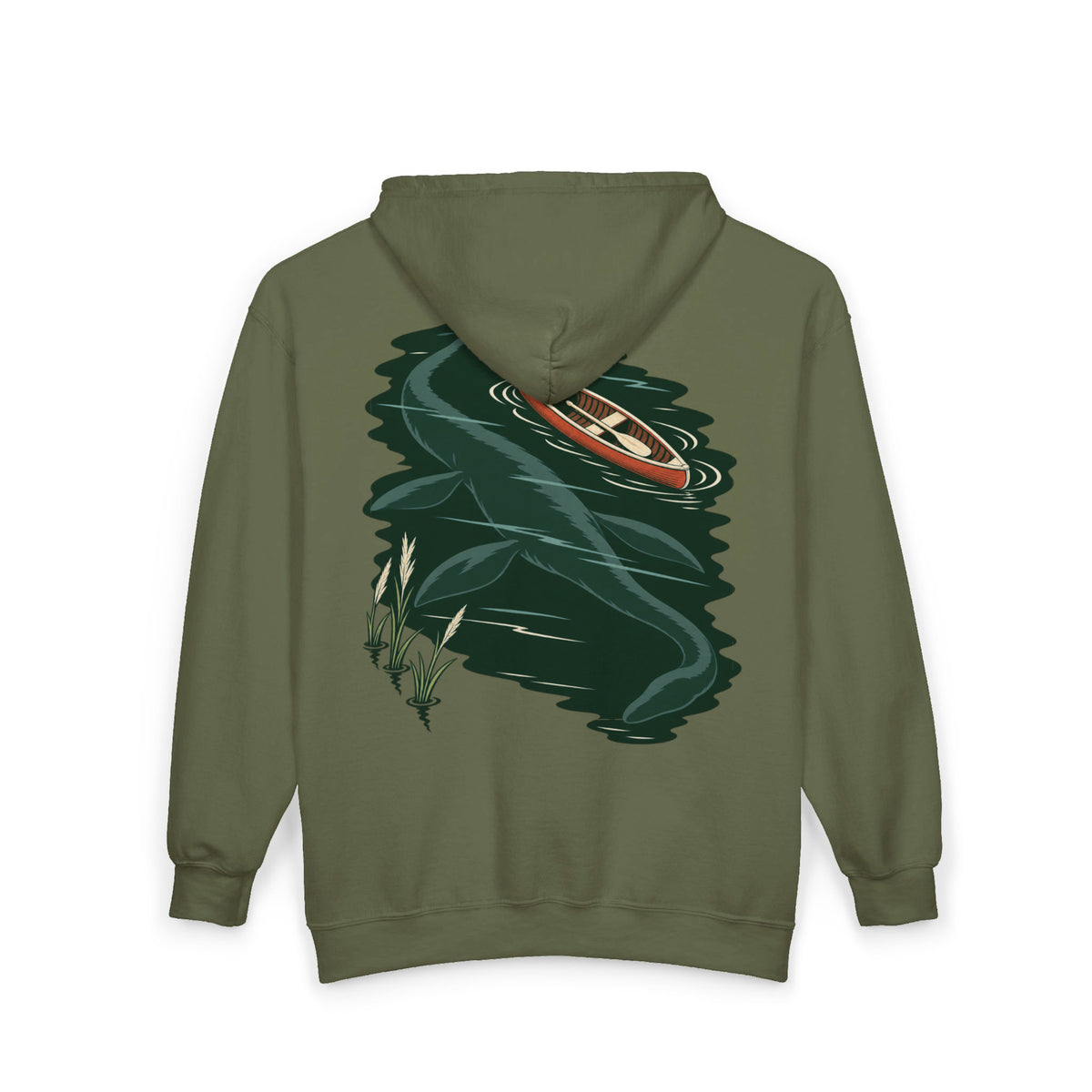 Seen Briefly Zip Hoodie in Military Green, back view with the large illustrated print. Digital product mockup.