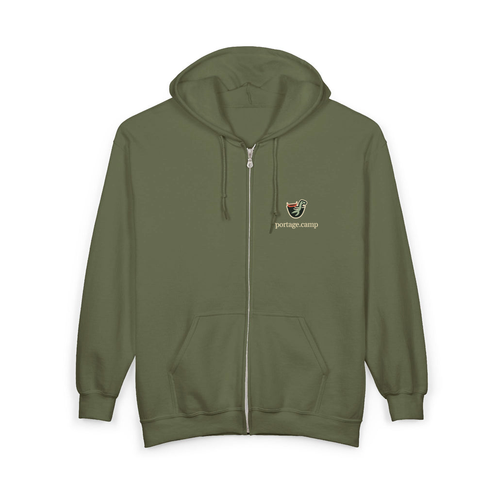 Seen Briefly Zip Hoodie in Military Green, front view with the Seen Briefly logo and portage.camp on the left chest. Digital product mockup.