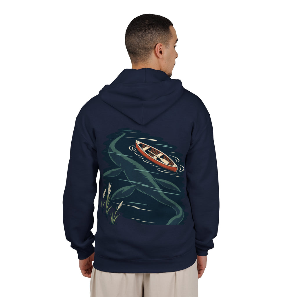 Seen Briefly Zip Hoodie in Navy, worn by a man seen from behind in a plain white studio, showing the large print on the back. Digital product mockup.
