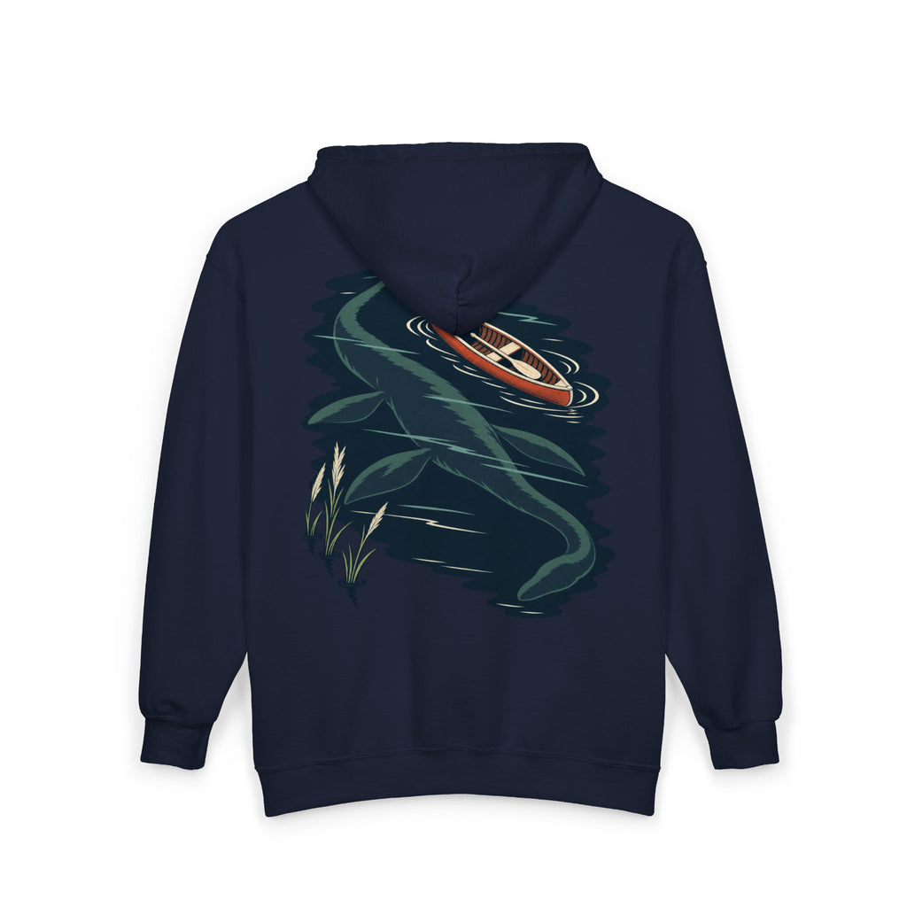 Seen Briefly Zip Hoodie in Navy, back view with the large illustrated print. Digital product mockup.