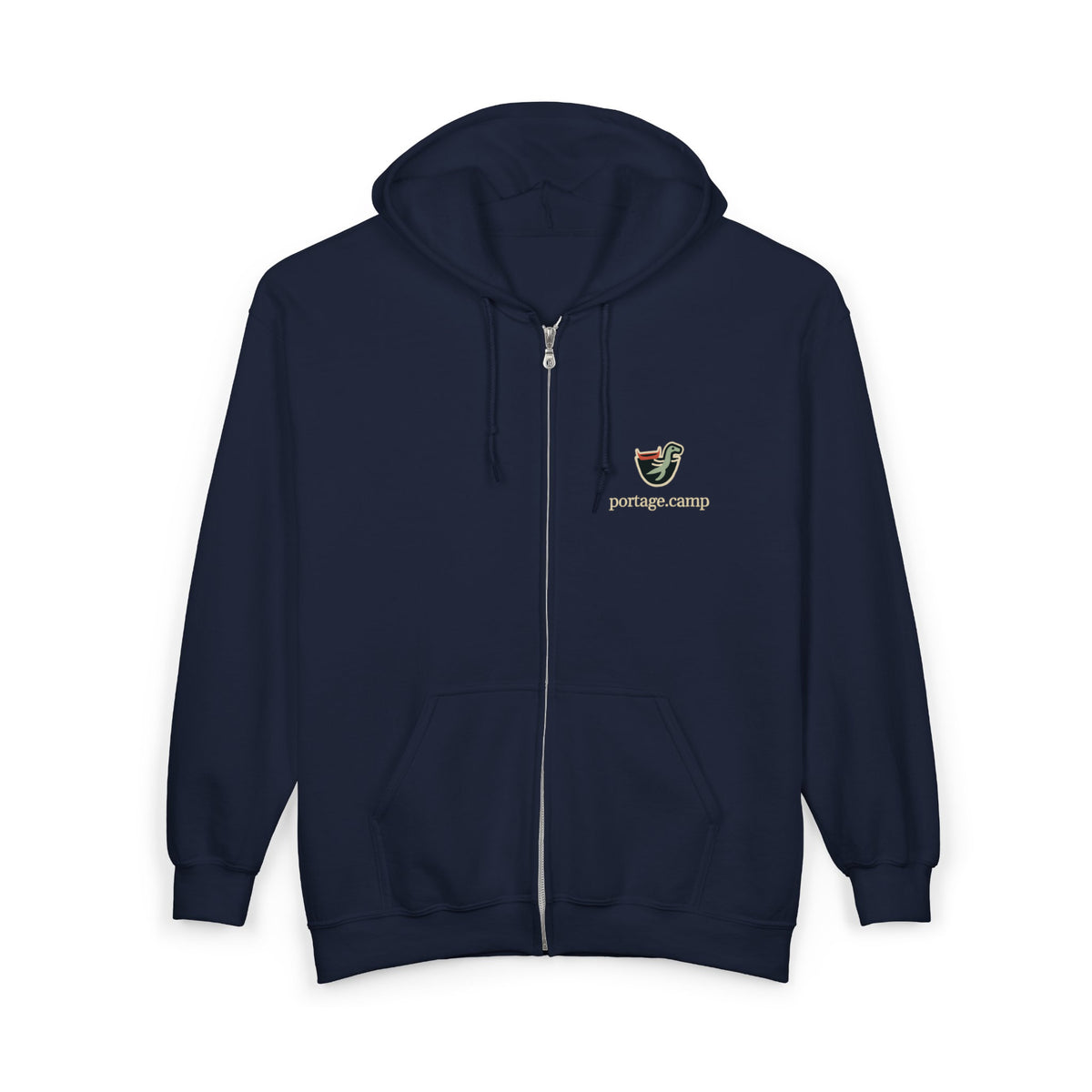 Seen Briefly Zip Hoodie in Navy, front view with the Seen Briefly logo and portage.camp on the left chest. Digital product mockup.