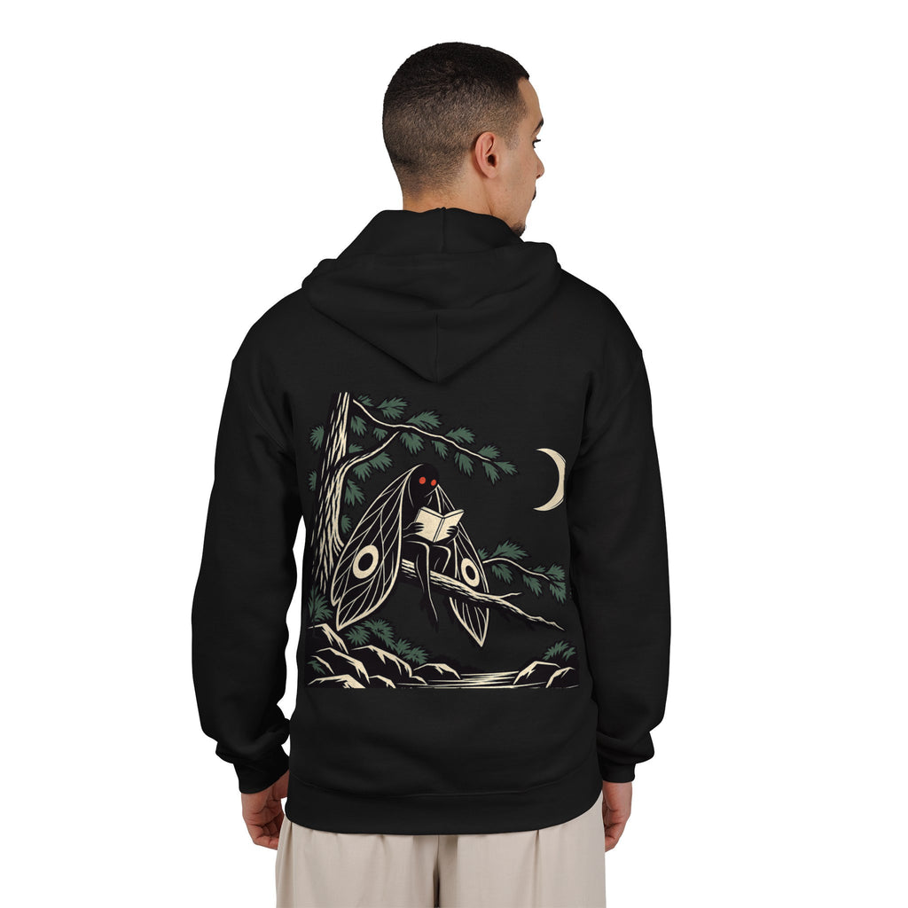 Night Library Zip Hoodie in Black, worn by a man seen from behind in a plain white studio, showing the large print on the back. Digital product mockup.