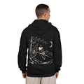 Night Library Zip Hoodie in Black, worn by a man seen from behind in a plain white studio, showing the large print on the back. Digital product mockup.