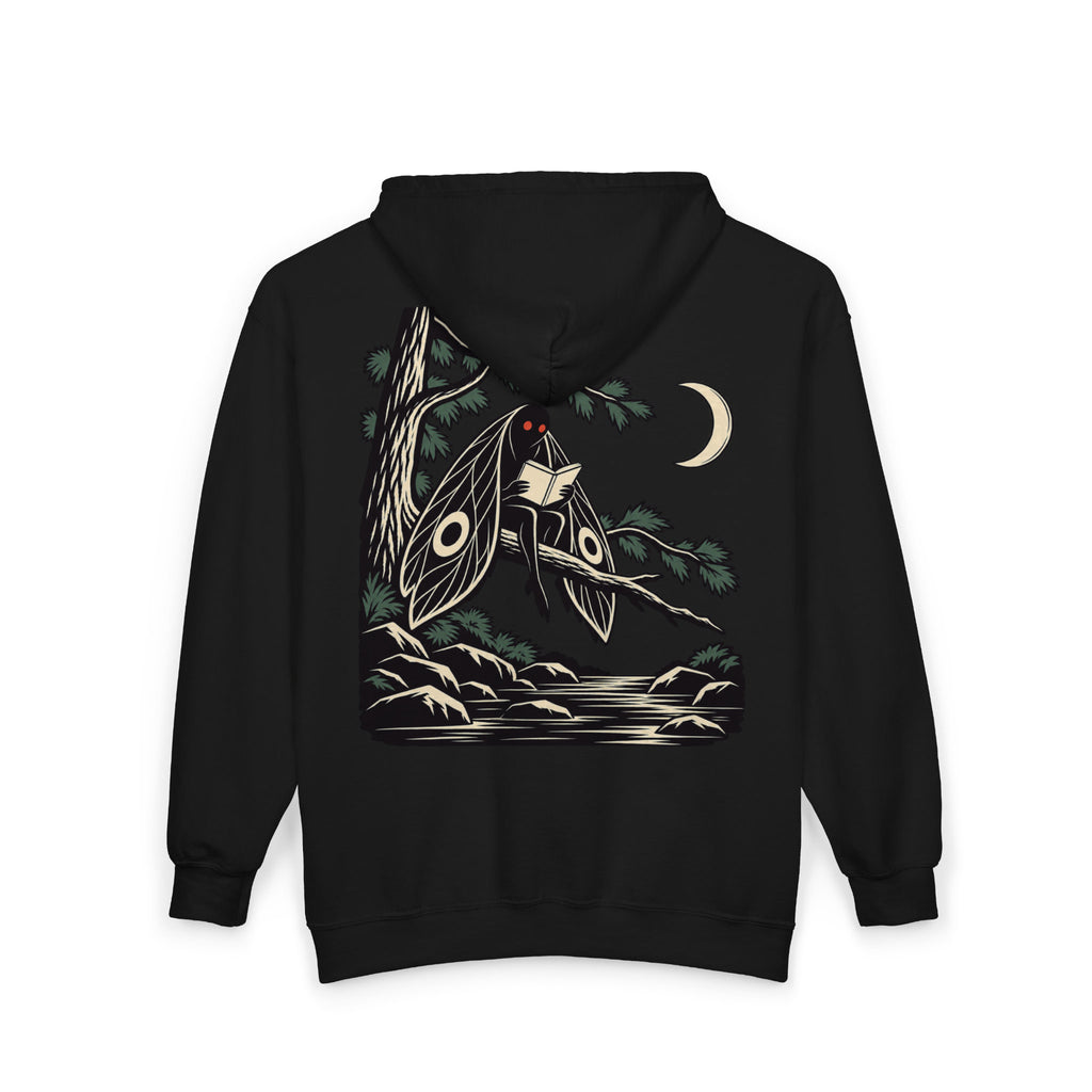 Night Library Zip Hoodie in Black, back view with the large illustrated print. Digital product mockup.