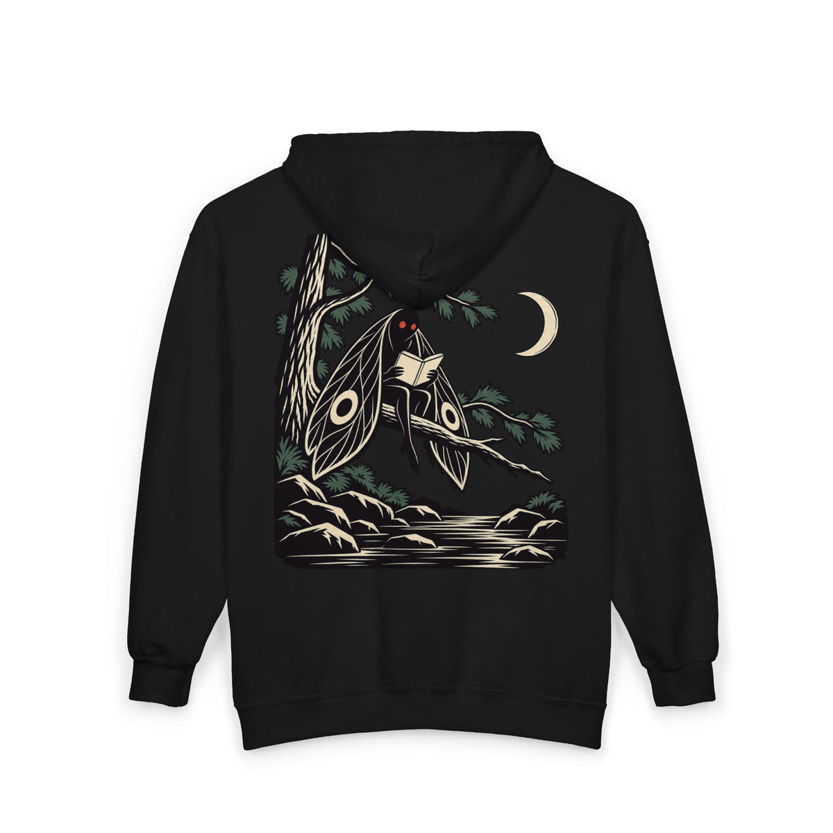 Night Library Zip Hoodie in Black, back view with the large illustrated print. Digital product mockup.