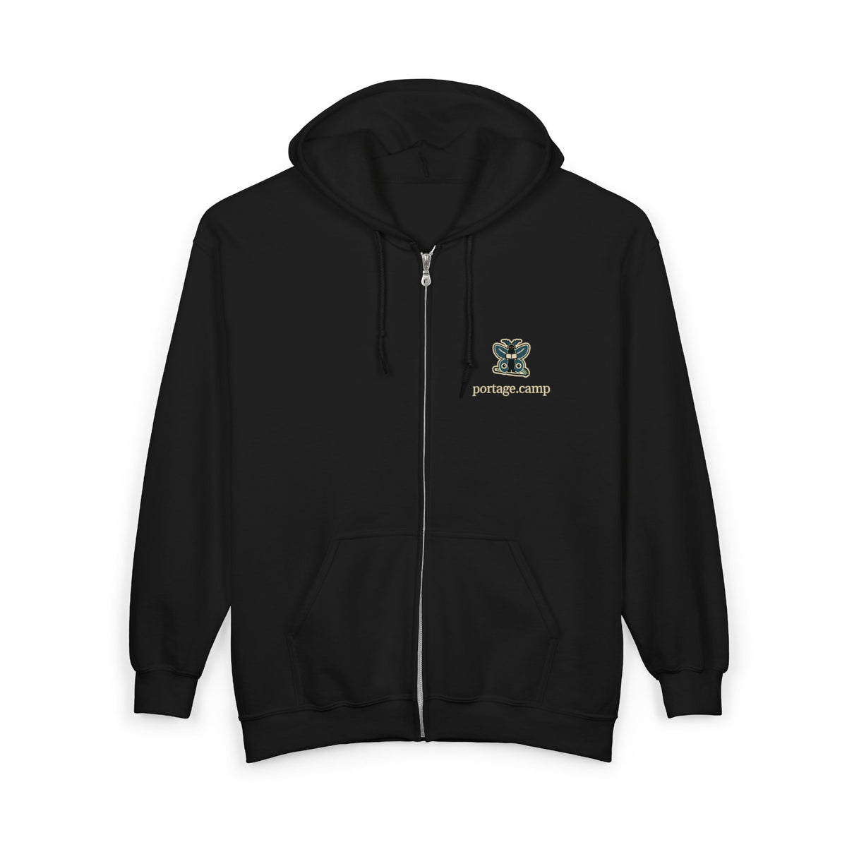 Night Library Zip Hoodie in Black, front view with the Night Library logo and portage.camp on the left chest. Digital product mockup.
