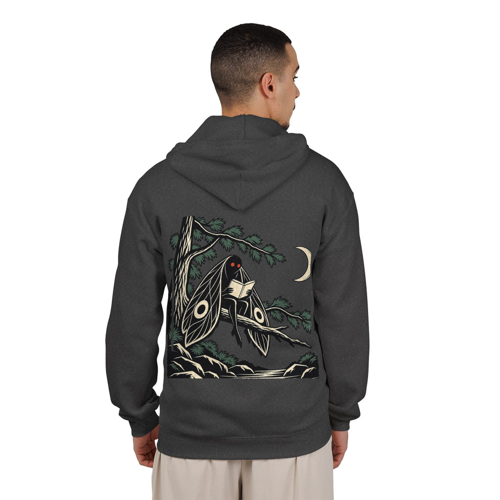 Night Library Zip Hoodie in Dark Heather, worn by a man seen from behind in a plain white studio, showing the large print on the back. Digital product mockup.
