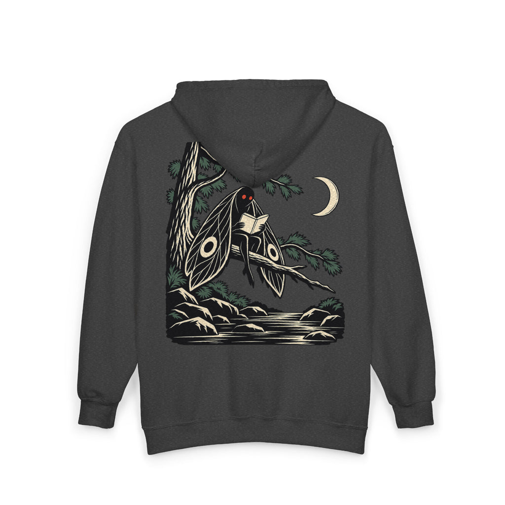 Night Library Zip Hoodie in Dark Heather, back view with the large illustrated print. Digital product mockup.