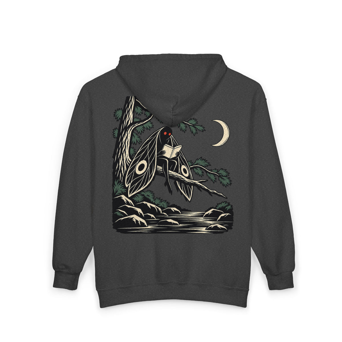 Night Library Zip Hoodie in Dark Heather, back view with the large illustrated print. Digital product mockup.