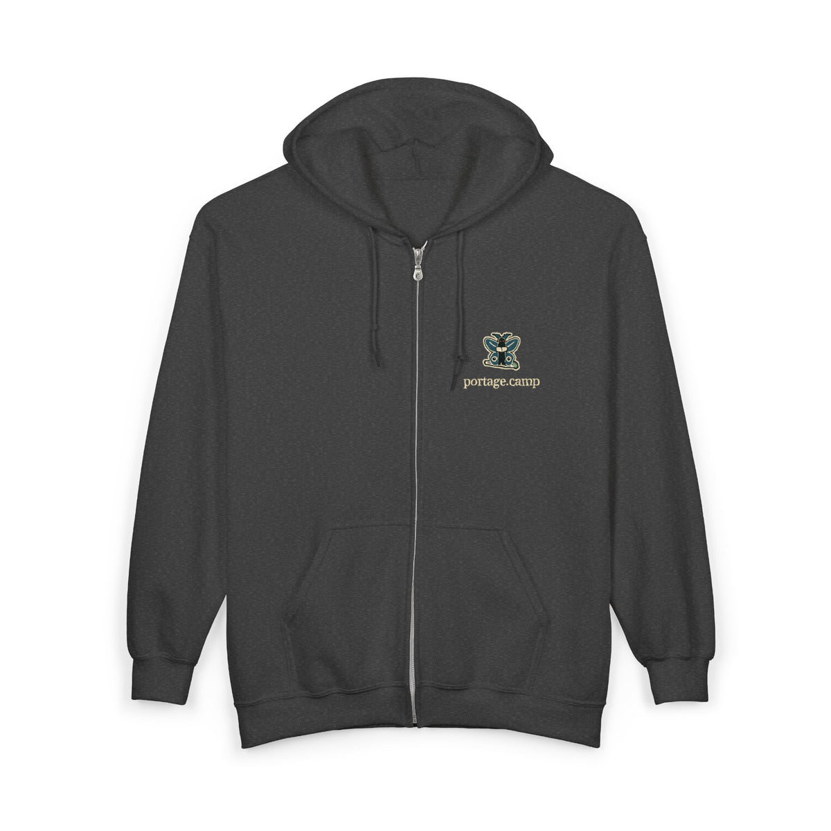 Night Library Zip Hoodie in Dark Heather, front view with the Night Library logo and portage.camp on the left chest. Digital product mockup.