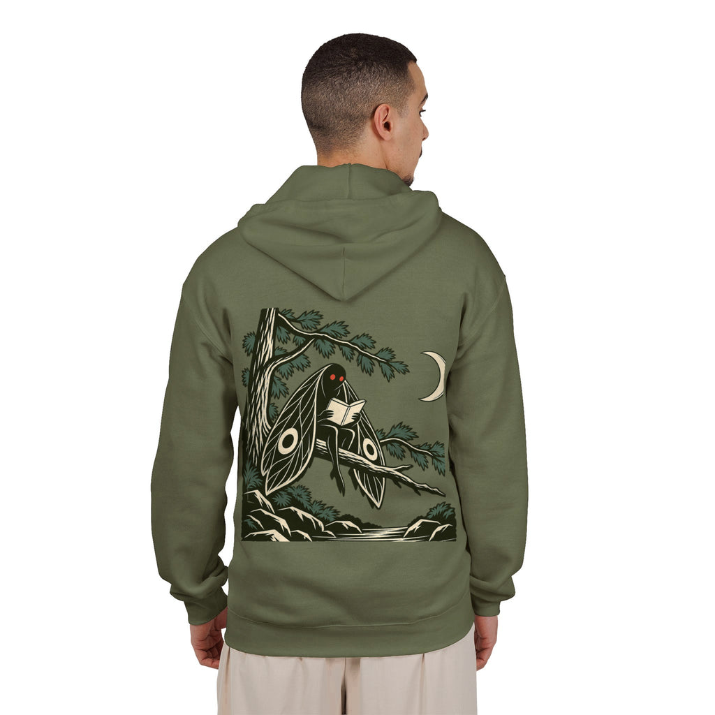 Night Library Zip Hoodie in Military Green, worn by a man seen from behind in a plain white studio, showing the large print on the back. Digital product mockup.
