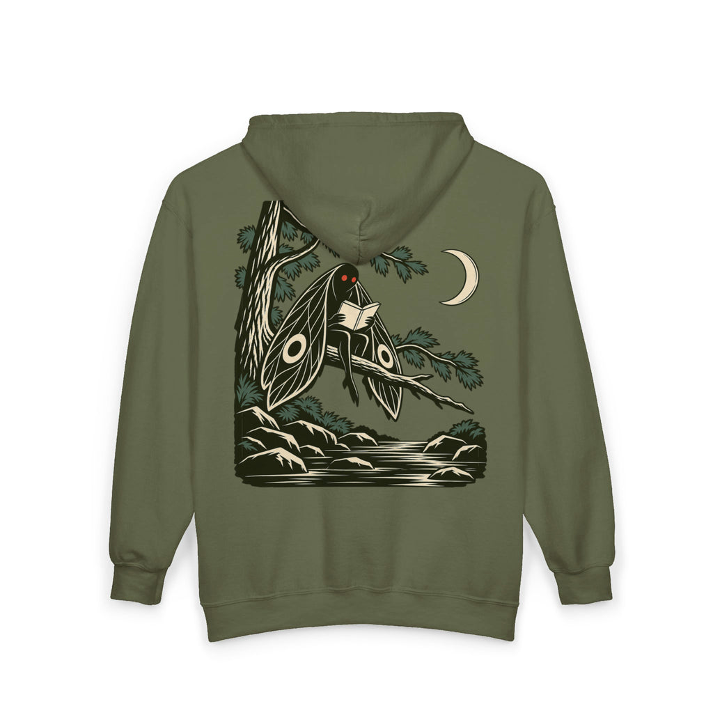 Night Library Zip Hoodie in Military Green, back view with the large illustrated print. Digital product mockup.