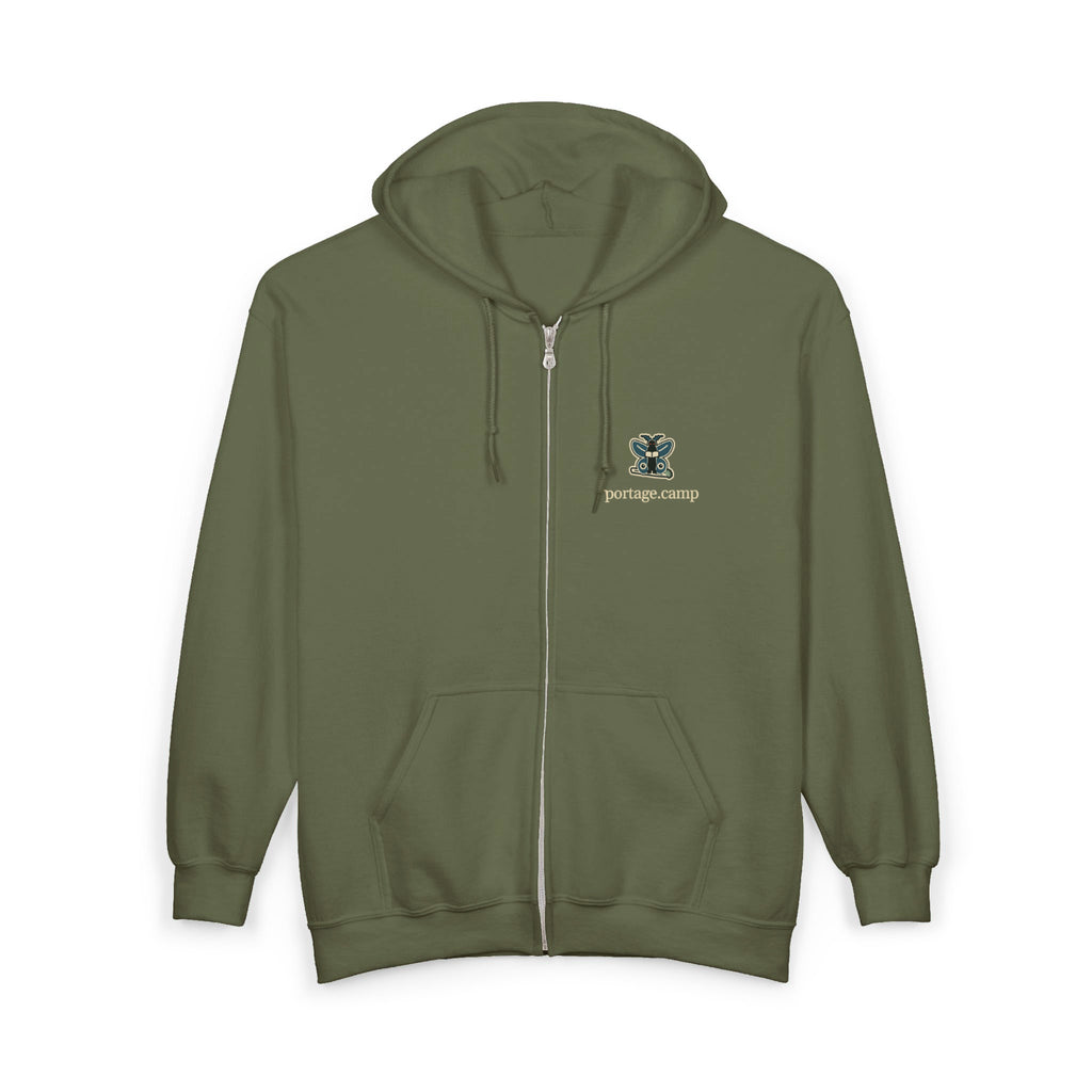 Night Library Zip Hoodie in Military Green, front view with the Night Library logo and portage.camp on the left chest. Digital product mockup.
