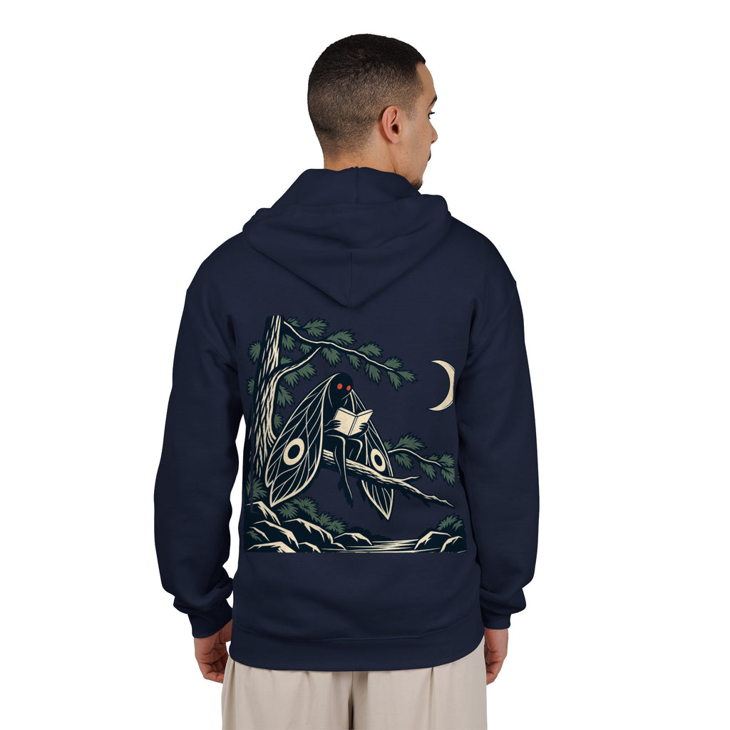 Night Library Zip Hoodie in Navy, worn by a man seen from behind in a plain white studio, showing the large print on the back. Digital product mockup.