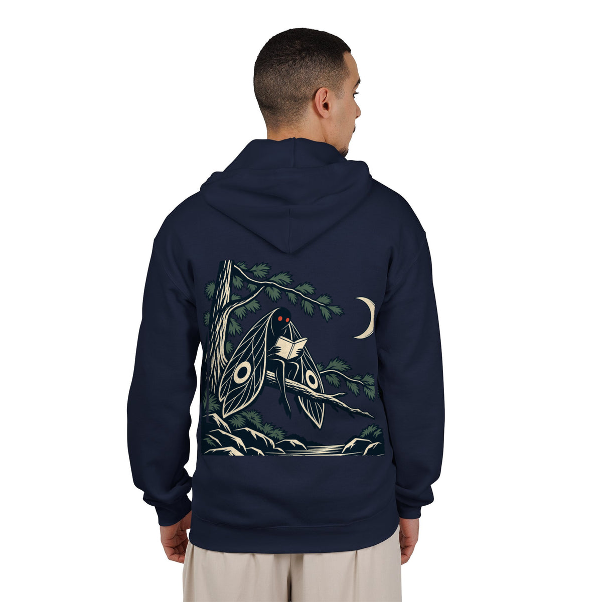 Night Library Zip Hoodie in Navy, worn by a man seen from behind in a plain white studio, showing the large print on the back. Digital product mockup.