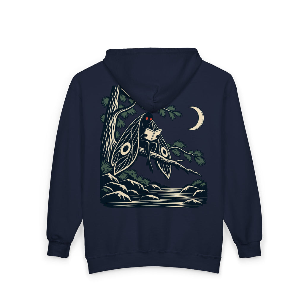 Night Library Zip Hoodie in Navy, back view with the large illustrated print. Digital product mockup.