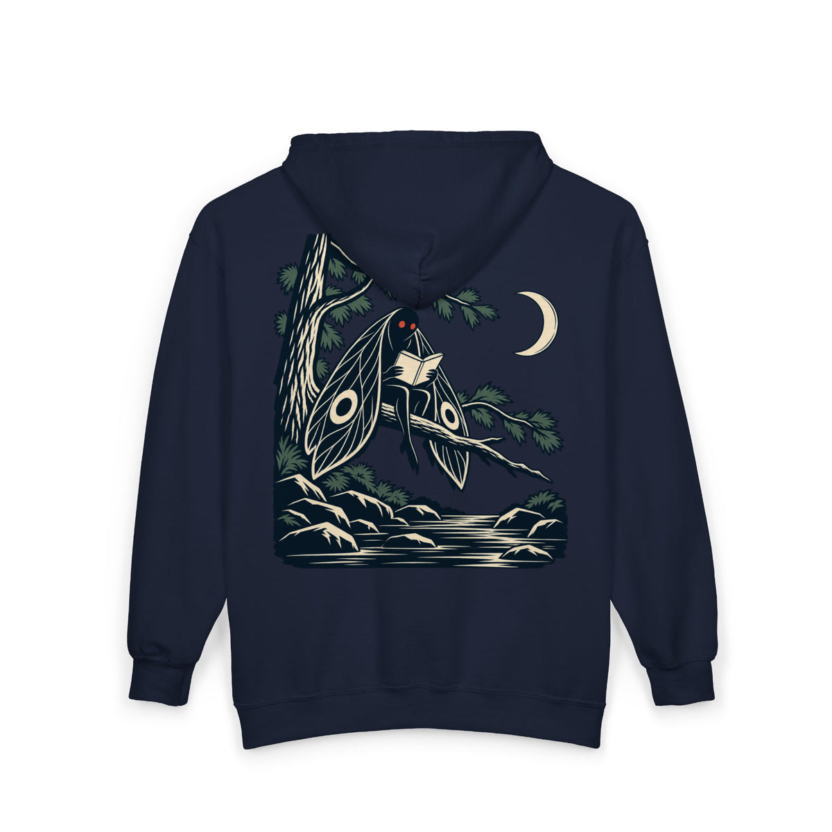 Night Library Zip Hoodie in Navy, back view with the large illustrated print. Digital product mockup.