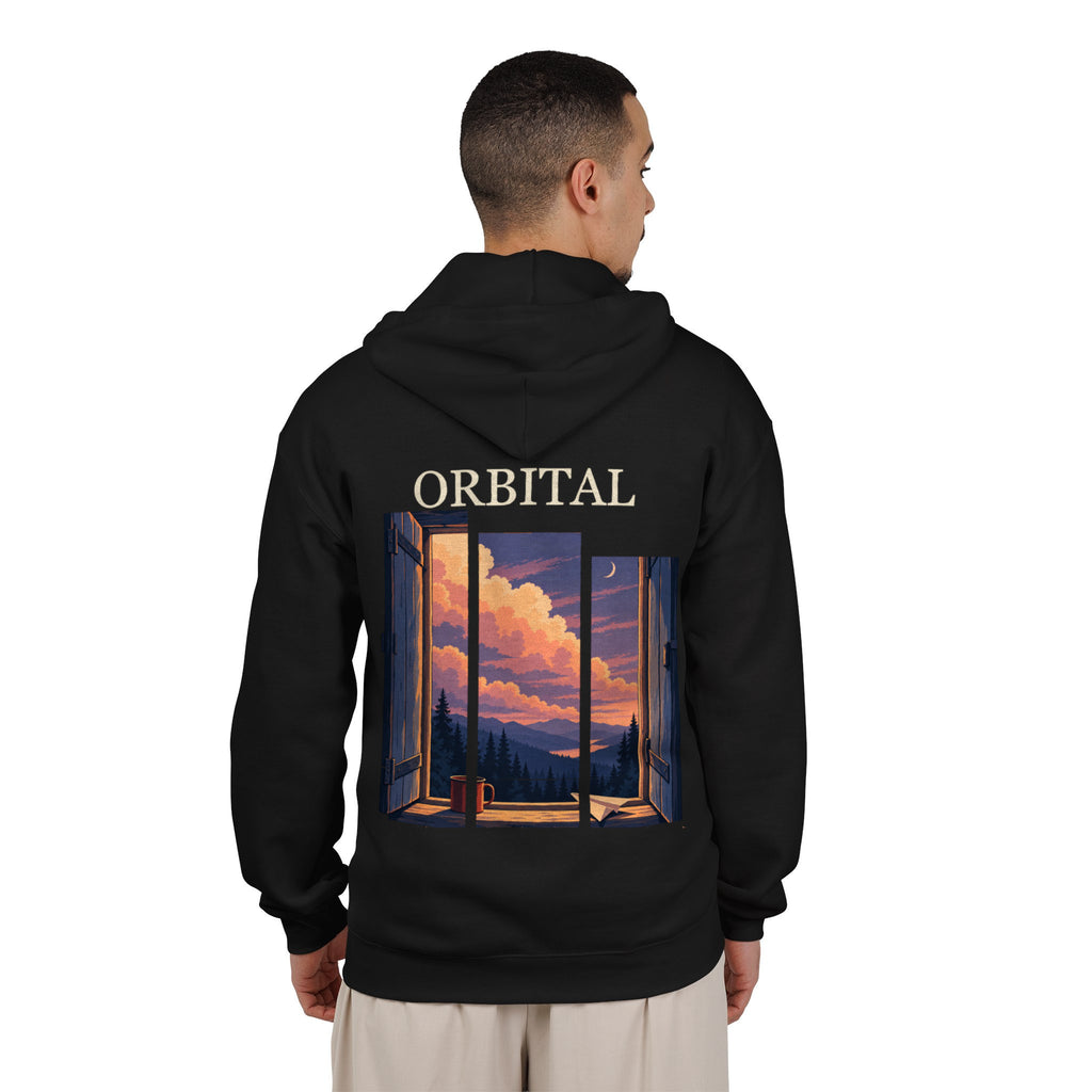 Open Late Zip Hoodie in Black, worn by a man seen from behind in a plain white studio, showing the large print on the back. Digital product mockup.