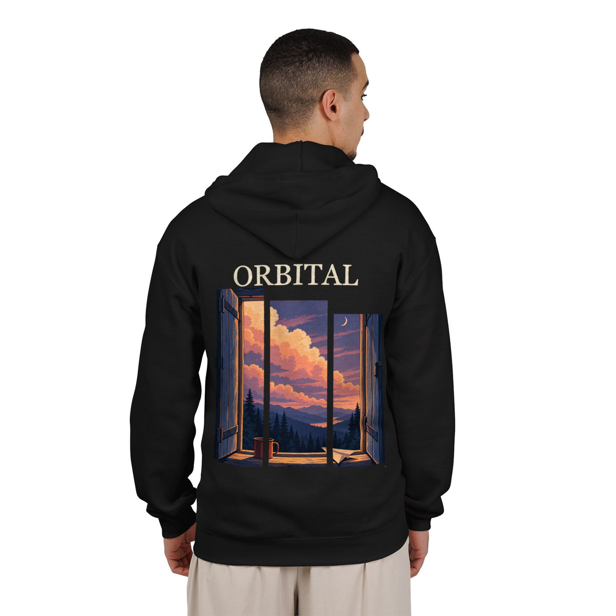 Open Late Zip Hoodie in Black, worn by a man seen from behind in a plain white studio, showing the large print on the back. Digital product mockup.