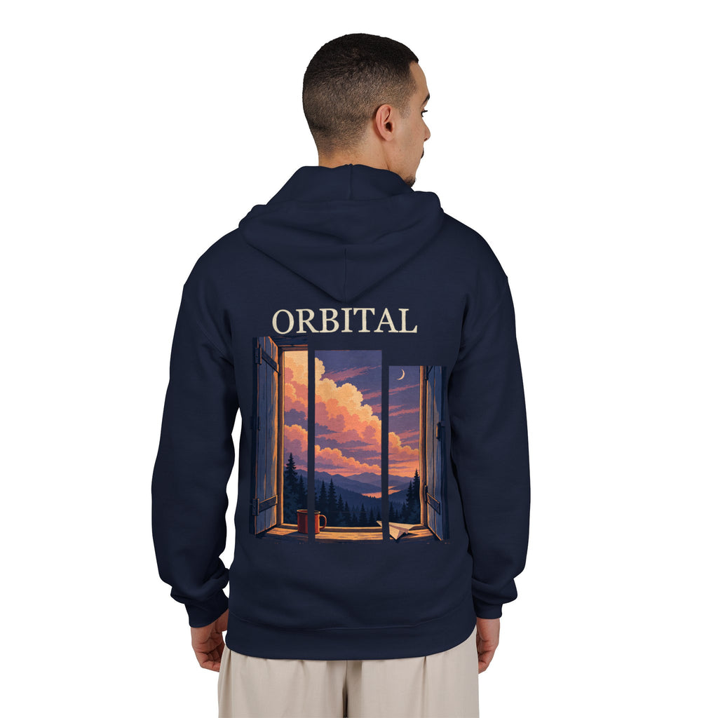 Open Late Zip Hoodie in Navy, worn by a man seen from behind in a plain white studio, showing the large print on the back. Digital product mockup.
