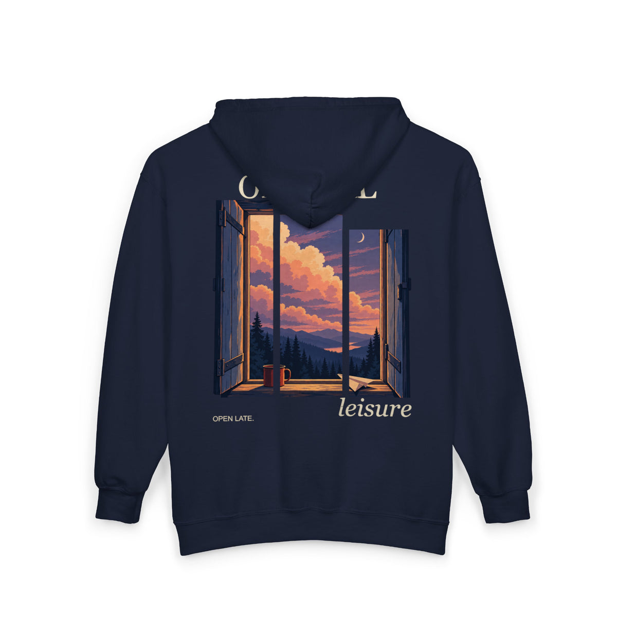Open Late Zip Hoodie in Navy, back view with the large illustrated print. Digital product mockup.