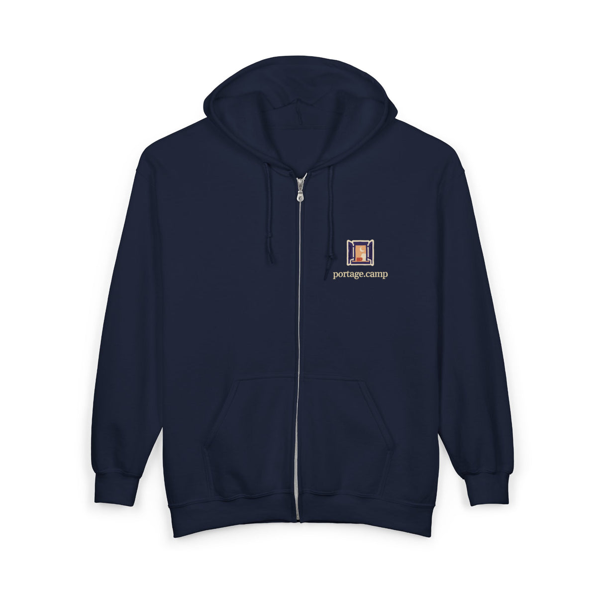 Open Late Zip Hoodie in Navy, front view with the Open Late logo and portage.camp on the left chest. Digital product mockup.