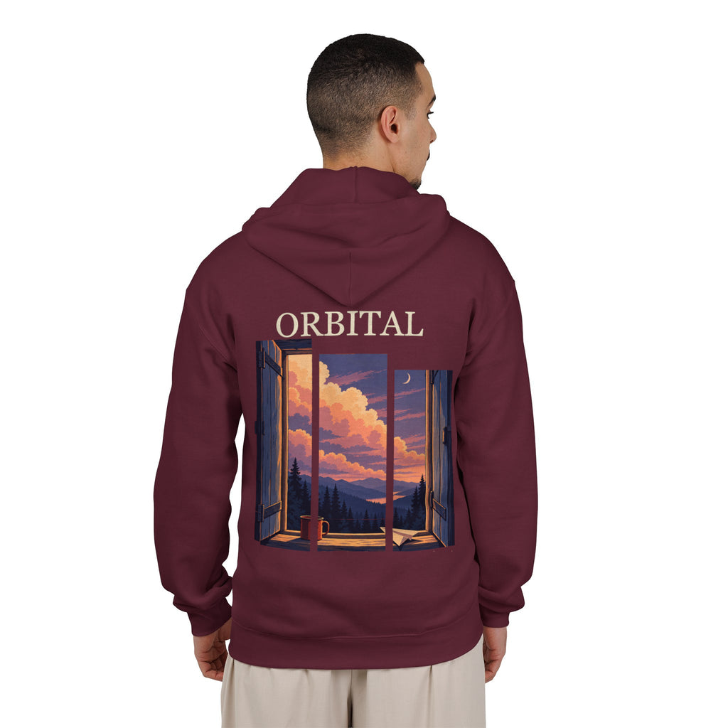Open Late Zip Hoodie in Maroon, worn by a man seen from behind in a plain white studio, showing the large print on the back. Digital product mockup.