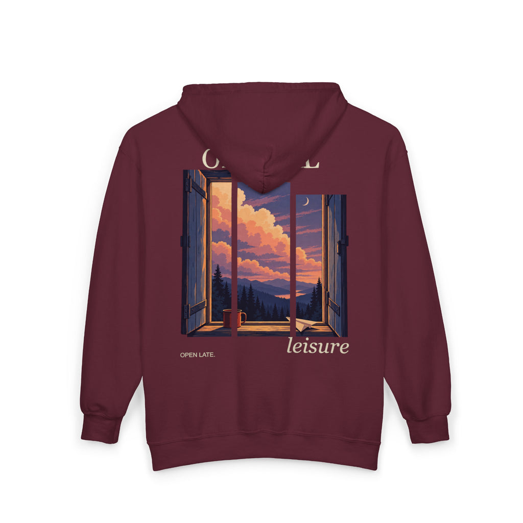 Open Late Zip Hoodie in Maroon, back view with the large illustrated print. Digital product mockup.