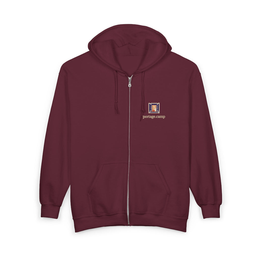 Open Late Zip Hoodie in Maroon, front view with the Open Late logo and portage.camp on the left chest. Digital product mockup.