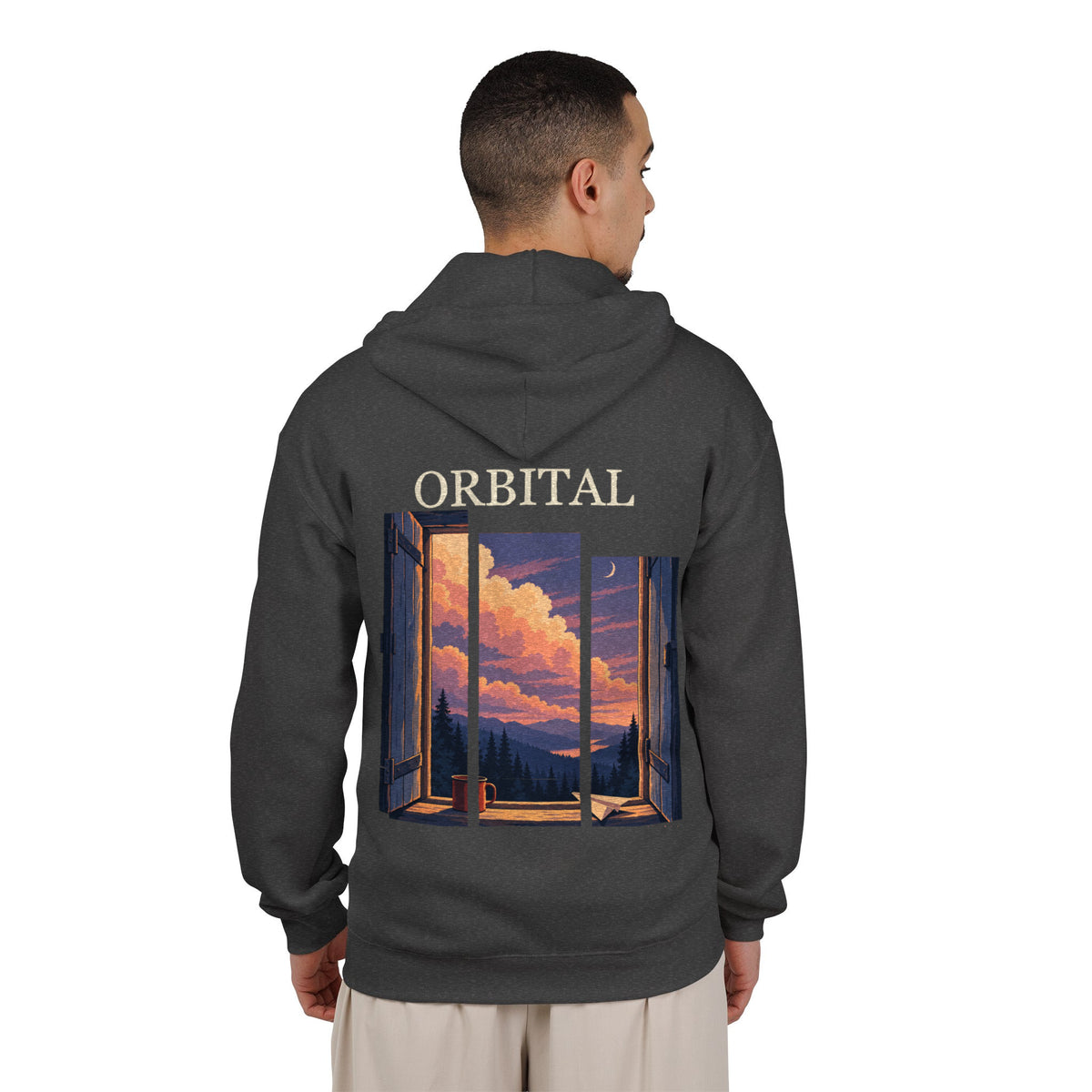 Open Late Zip Hoodie in Dark Heather, worn by a man seen from behind in a plain white studio, showing the large print on the back. Digital product mockup.