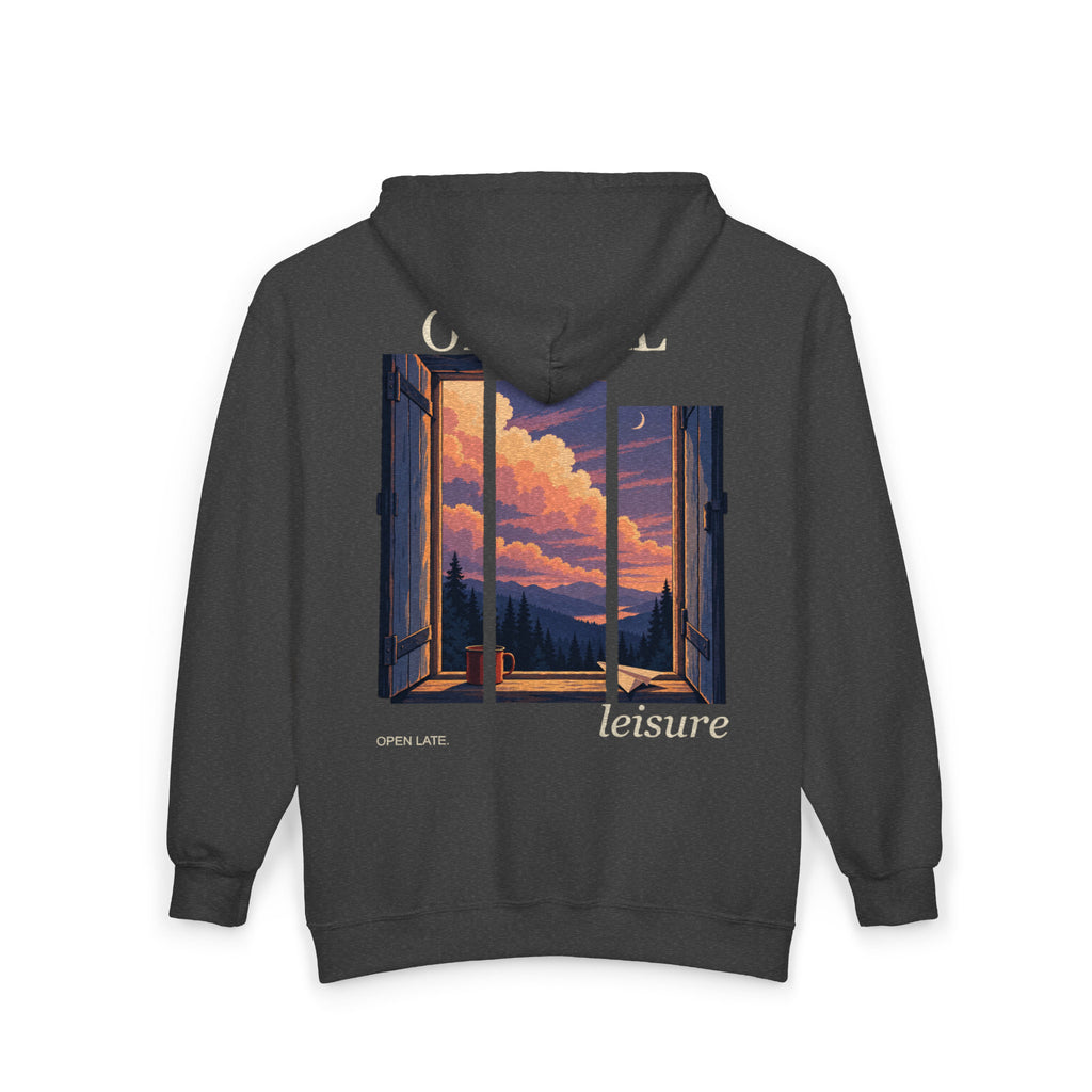 Open Late Zip Hoodie in Dark Heather, back view with the large illustrated print. Digital product mockup.