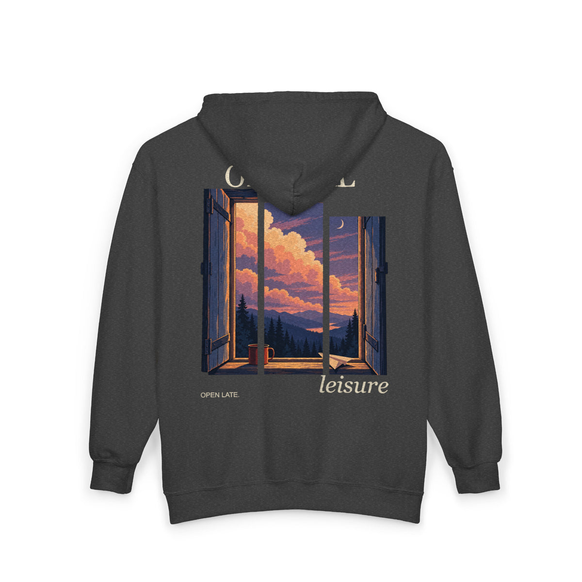 Open Late Zip Hoodie in Dark Heather, back view with the large illustrated print. Digital product mockup.