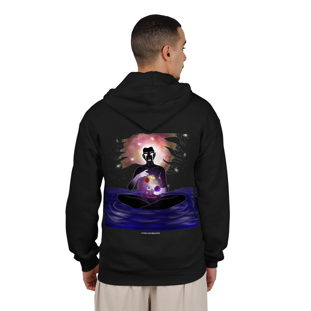 Orbit Keeper Zip Hoodie in Black, worn by a man seen from behind in a plain white studio, showing the large print on the back. Digital product mockup.