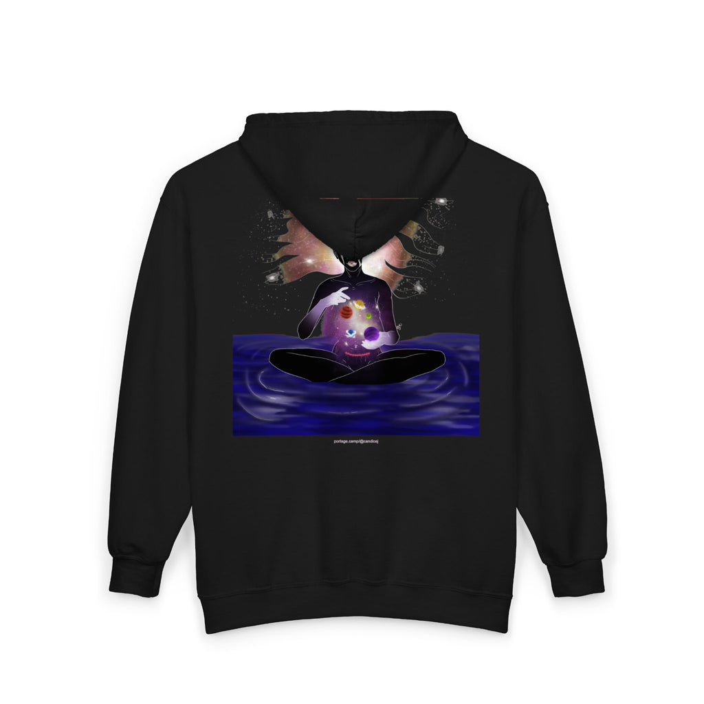 Orbit Keeper Zip Hoodie in Black, back view with the large illustrated print. Digital product mockup.