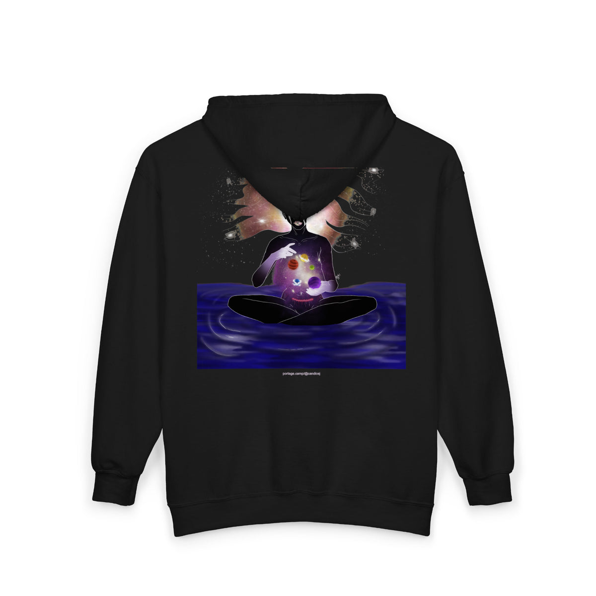 Orbit Keeper Zip Hoodie in Black, back view with the large illustrated print. Digital product mockup.