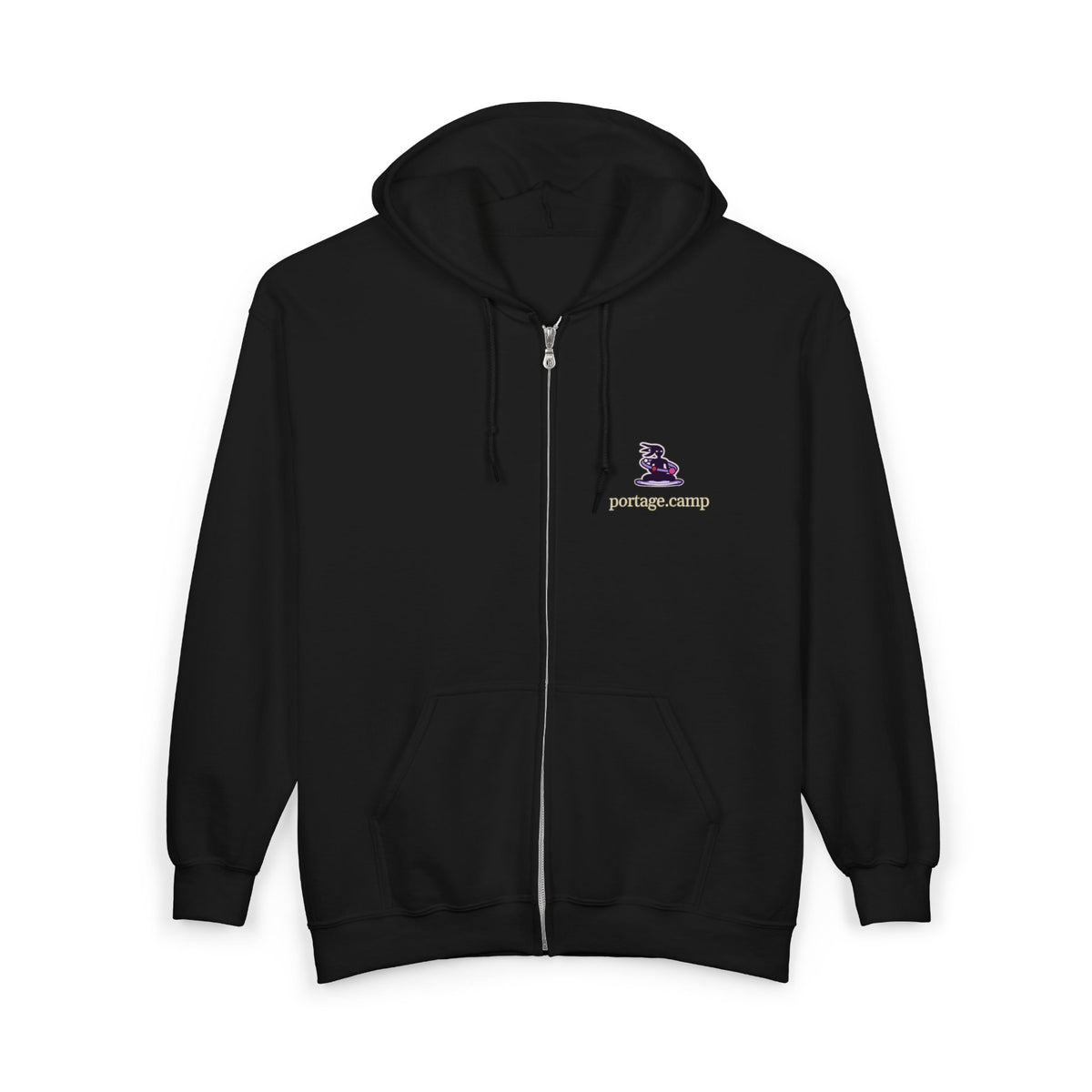 Orbit Keeper Zip Hoodie in Black, front view with the Orbit Keeper logo and portage.camp on the left chest. Digital product mockup.