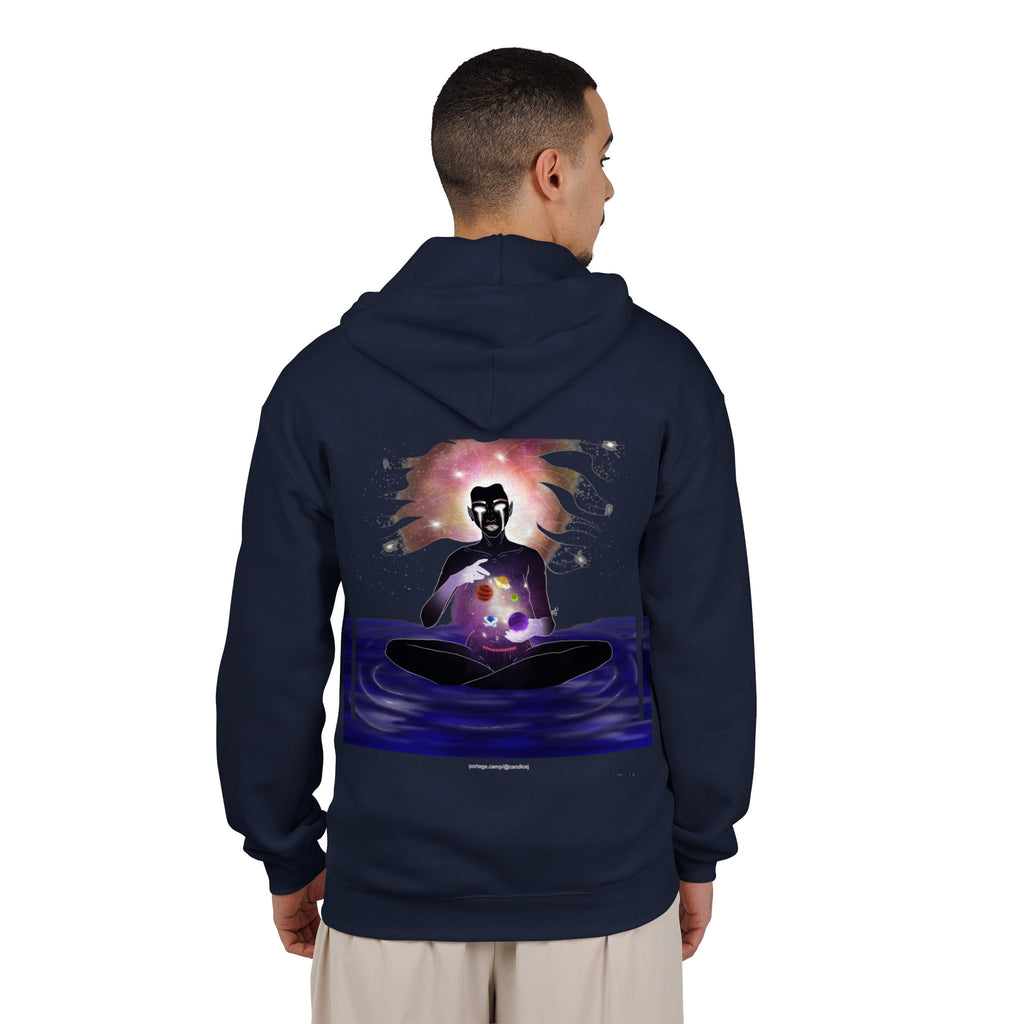 Orbit Keeper Zip Hoodie in Navy, worn by a man seen from behind in a plain white studio, showing the large print on the back. Digital product mockup.