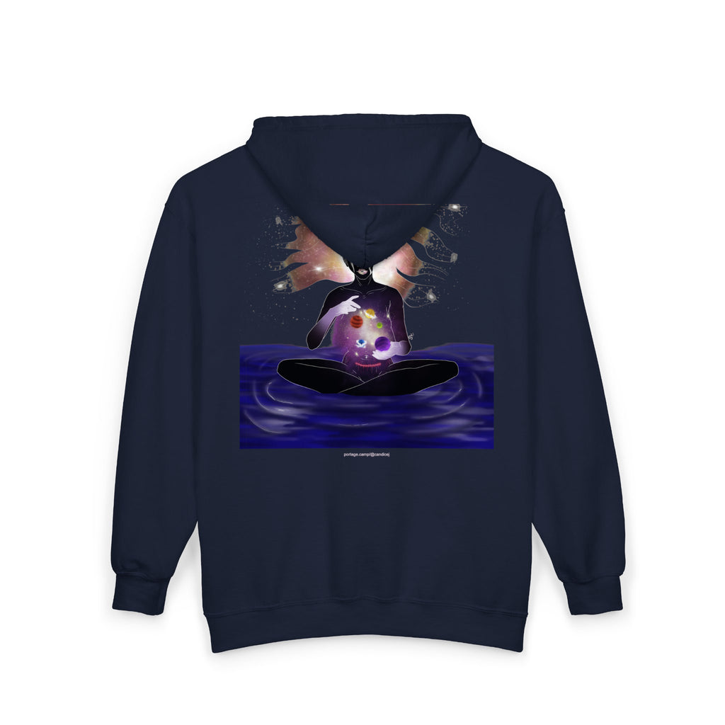 Orbit Keeper Zip Hoodie in Navy, back view with the large illustrated print. Digital product mockup.