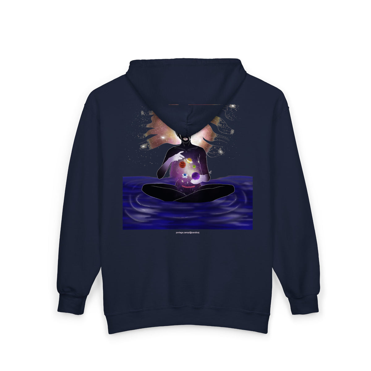 Orbit Keeper Zip Hoodie in Navy, back view with the large illustrated print. Digital product mockup.