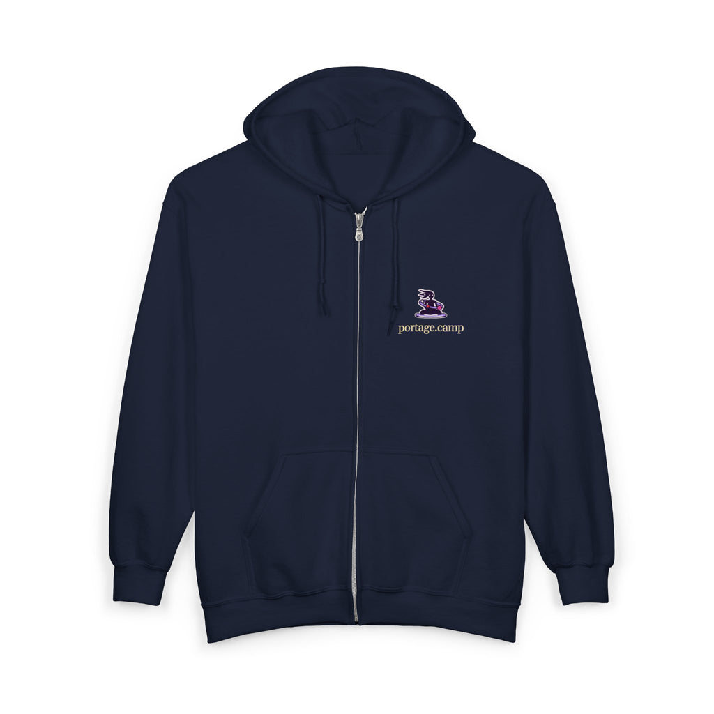 Orbit Keeper Zip Hoodie in Navy, front view with the Orbit Keeper logo and portage.camp on the left chest. Digital product mockup.
