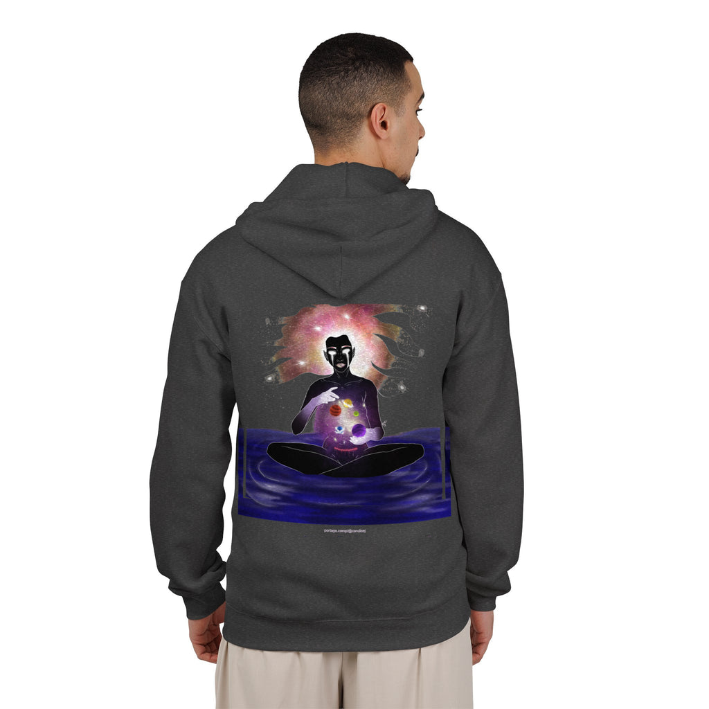 Orbit Keeper Zip Hoodie in Dark Heather, worn by a man seen from behind in a plain white studio, showing the large print on the back. Digital product mockup.
