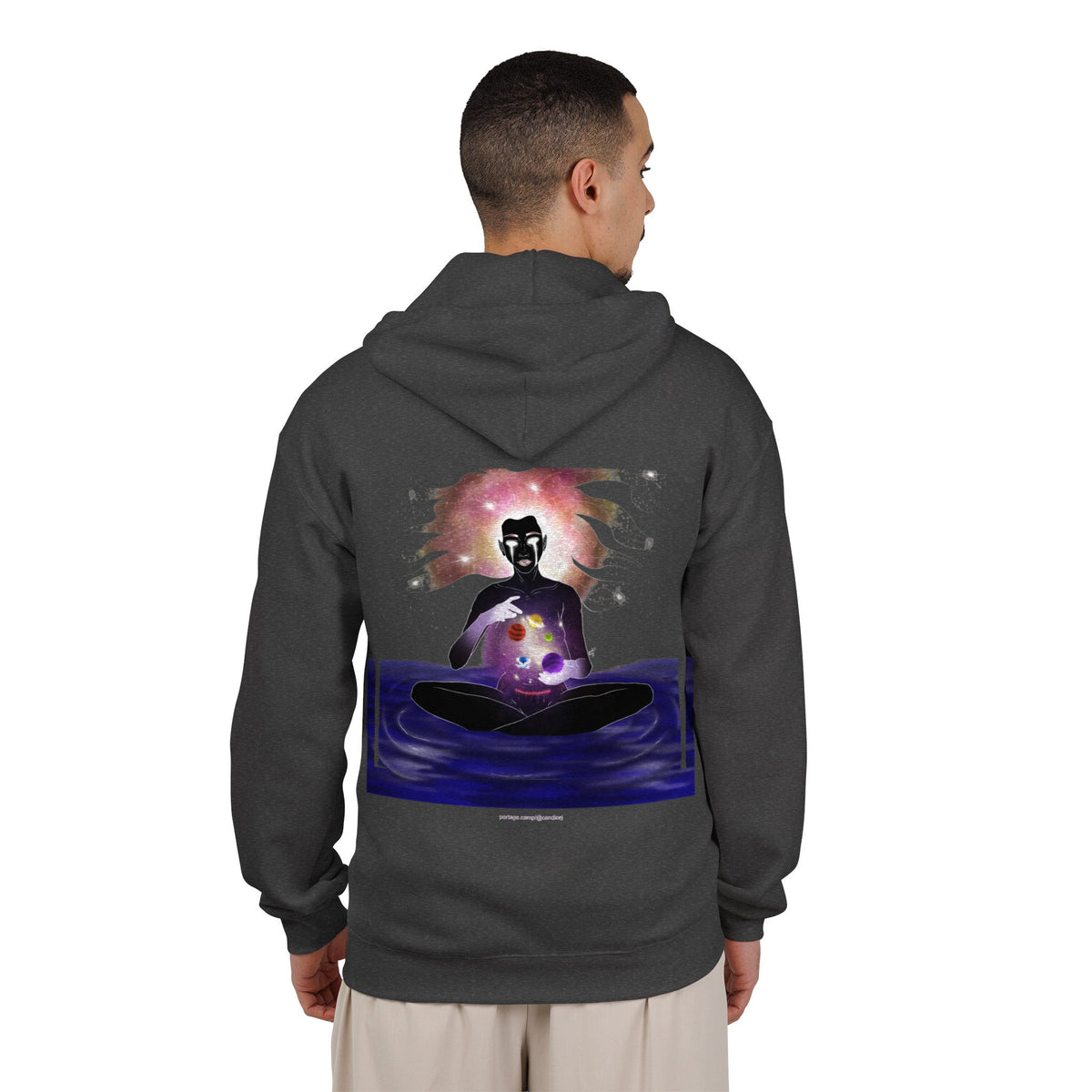 Orbit Keeper Zip Hoodie in Dark Heather, worn by a man seen from behind in a plain white studio, showing the large print on the back. Digital product mockup.