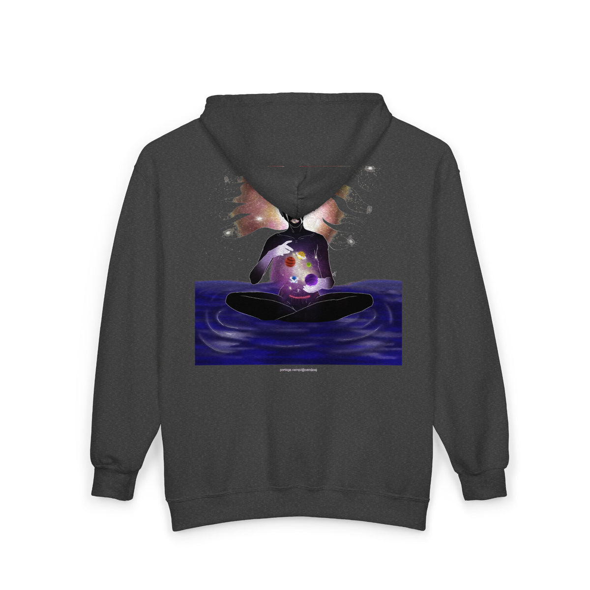 Orbit Keeper Zip Hoodie in Dark Heather, back view with the large illustrated print. Digital product mockup.
