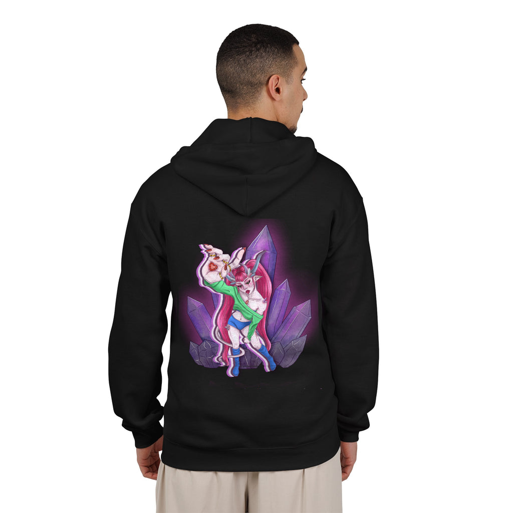Heart Thief Zip Hoodie in Black, worn by a man seen from behind in a plain white studio, showing the large print on the back. Digital product mockup.