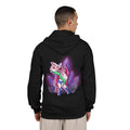 Heart Thief Zip Hoodie in Black, worn by a man seen from behind in a plain white studio, showing the large print on the back. Digital product mockup.