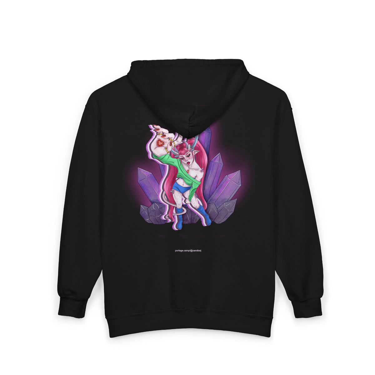 Heart Thief Zip Hoodie in Black, back view with the large illustrated print. Digital product mockup.