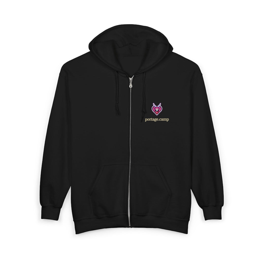 Heart Thief Zip Hoodie in Black, front view with the Heart Thief logo and portage.camp on the left chest. Digital product mockup.