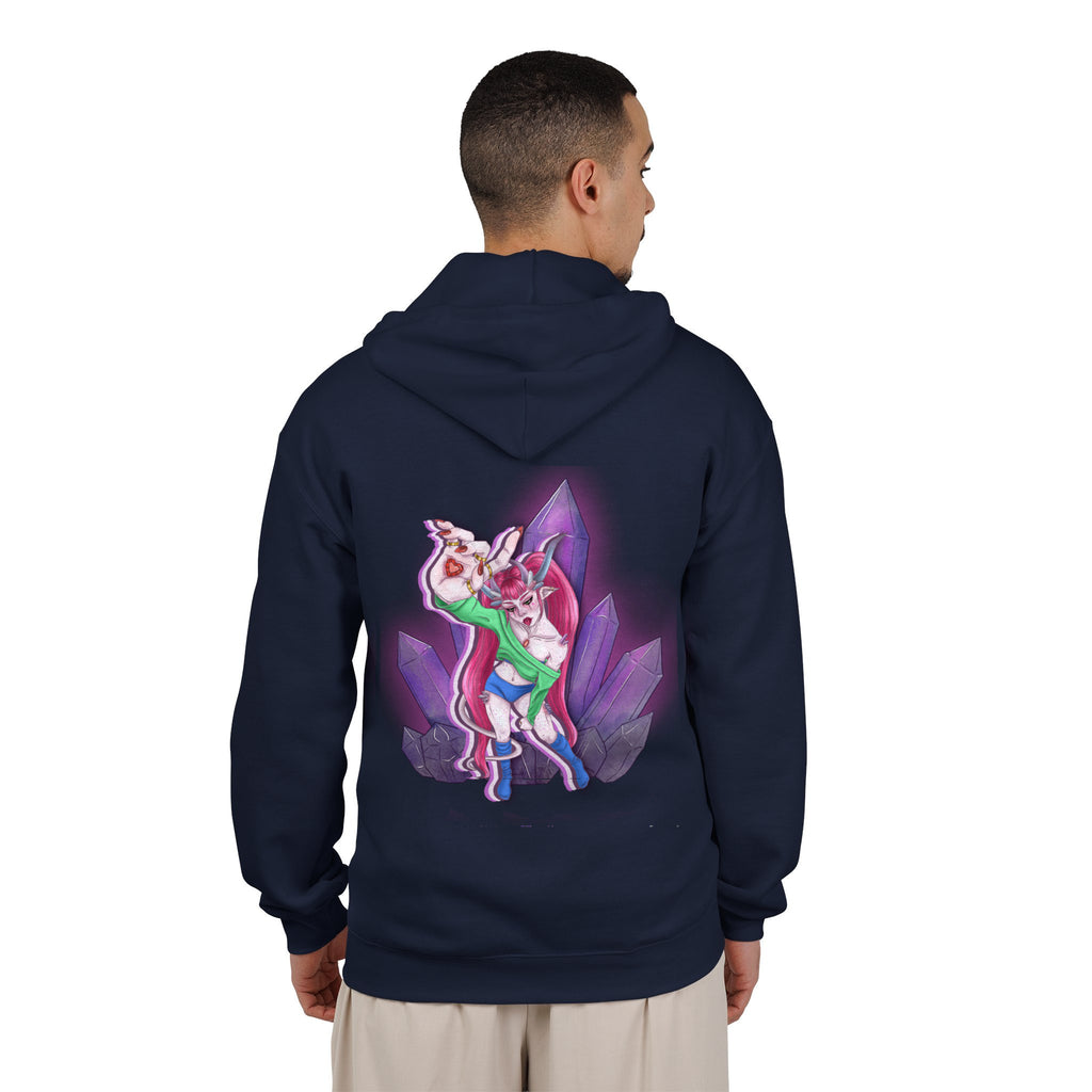 Heart Thief Zip Hoodie in Navy, worn by a man seen from behind in a plain white studio, showing the large print on the back. Digital product mockup.